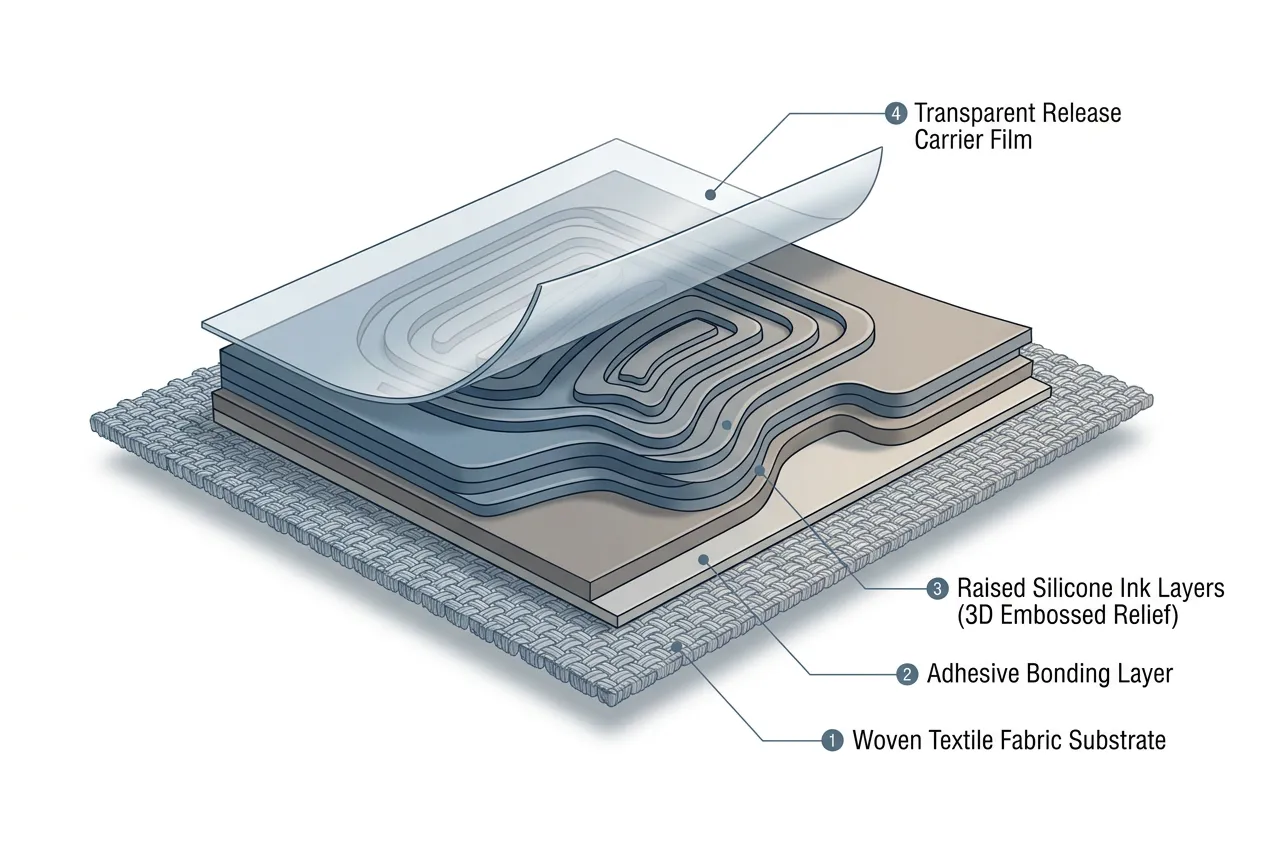 Diagram: cross-section of a silicone heat transfer label showing fabric, adhesive, silicone layers and release film